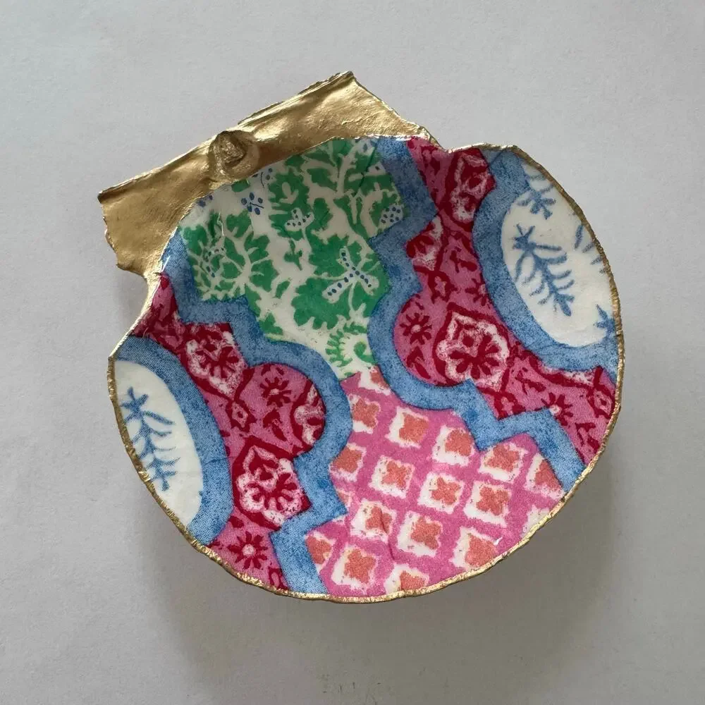 Patchwork Tile Shell Ring Dish Handmade Scallop Trinket Dish Boho Eclectic Decor